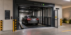 Elevadores para autos con acceso seguro en México con plataforma guiada, barreras y zona de maniobra despejada.