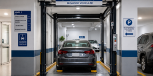 Elevadores comerciales para clínicas en México con plataforma vehicular y circulación de autos organizada.