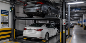 Elevadores comerciales por horas de uso en México operando con varios autos durante una jornada prolongada.