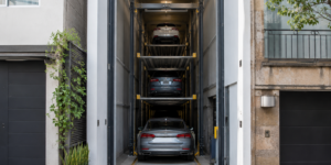 Estacionamiento vertical para frentes angostos con acceso alineado y plataformas distribuidas hacia el fondo.