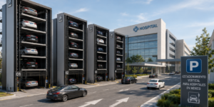 Estacionamiento vertical para hospitales en México con plataformas independientes y flujo vehicular continuo.