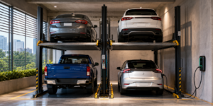 Sistema vertical para distintos vehículos en México con plataformas para sedanes, SUV, pickups y autos eléctricos.
